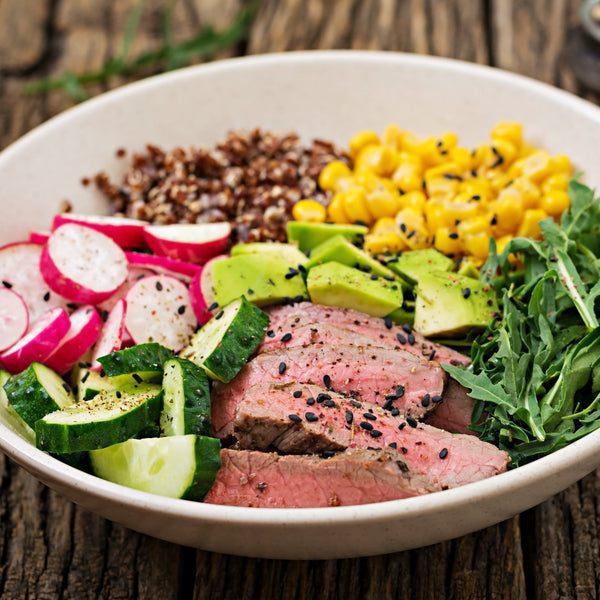 Wagyu Skirt Steak Grain Bowl with Corn, Avocado & Quinoa