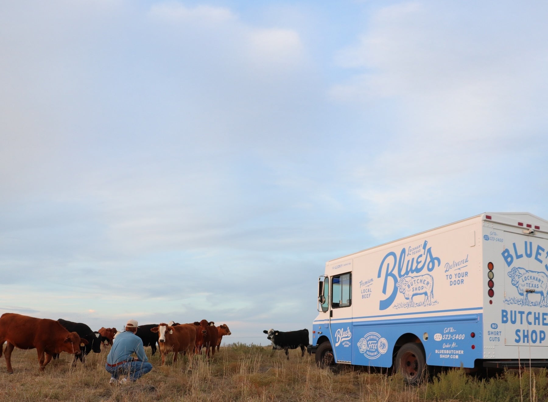 clint phelan standing next to a herd of american wagyu cattle in an open field 